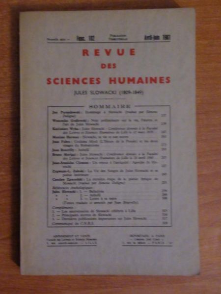 Revue des Sciences Humaines , N° 102 , avriljuin 1961.