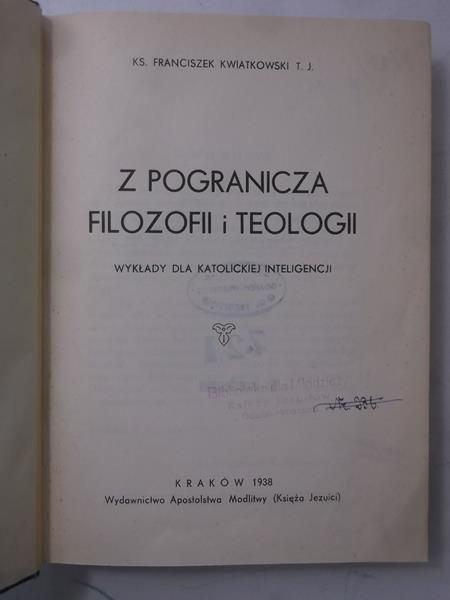 Z pogranicza filozofii i teologii, 1938 r.