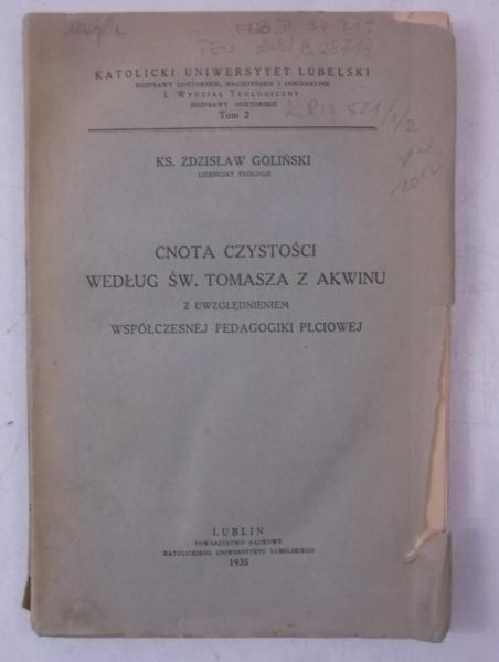 Cnota czystości według św. Tomasza z Akwinu z uwzględnieniem współczesnej pedagogiki płciowej, 1935 r.