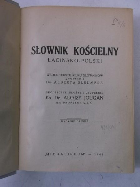 Jougan Alojzy - Słownik kościelny łacińsko-polski, 1948 r.