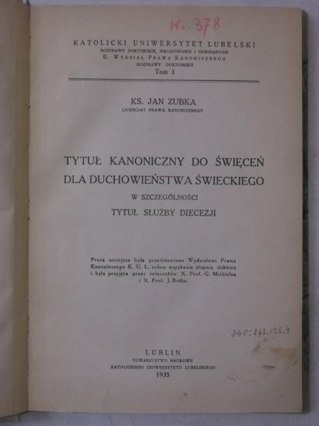 Tytuł kanoniczny do święceń dla duchowieństwa świeckiego, 1935 r.