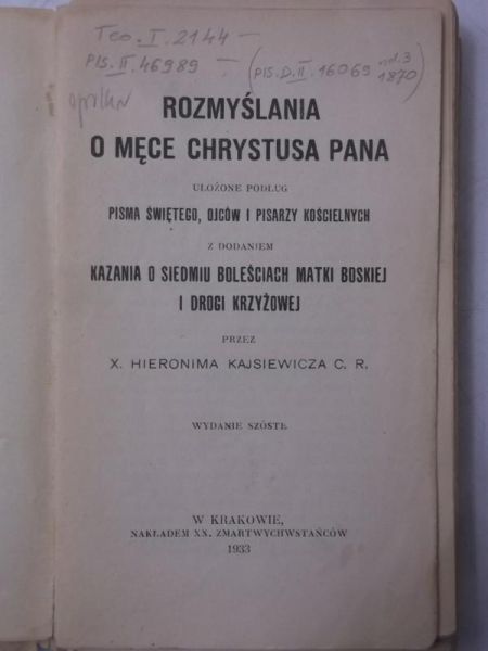 Rozmyślania  o męce Chrystusa Pana, 1933 r.