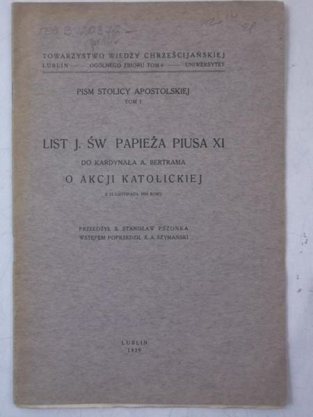 List J.Św.Papieża Piusa XI, 1929 r.