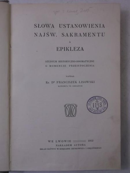 Słowa ustanowienia Najśw. Sakramentu a epikleza, 1912 r.