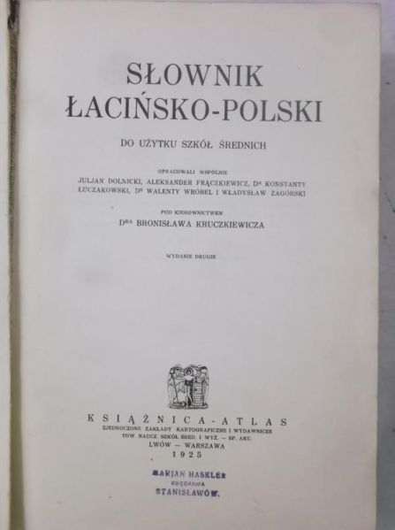 Bronisław - Słownik łacińsko-polski, 1925 r.