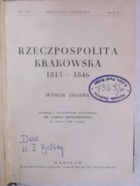 Bieniarzówna Janina - Rzeczpospolita Krakowska 1815-1846