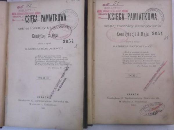 Bartoszewicz Kazimierz - Księga pamiątkowa setnej rocznicy ustanowienia Konstytucji 3 Maja, Tom I-II, 1891 r.