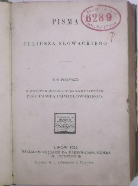 Pisma Juliusza Słowackiego, 1925 r.
