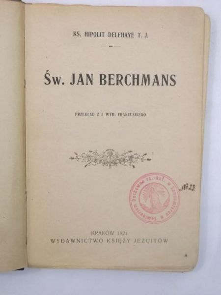 Św. Jan Berchmans, 1921 r.