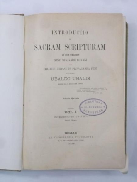Introductio in Sacram Scripturam, Vol. I, 1901 r.