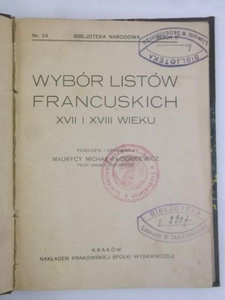 Paciorkiewicz Maurycy Michał - Wybór listów francuskich, BN, 1923 r.