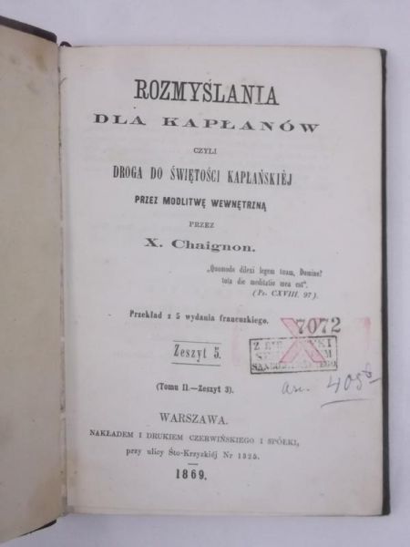 Rozmyślania dla kapłanów czyli droga do świętości kapłańskiej, 1869 r.
