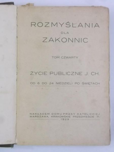 Rozmyślania dla zakonnic, Tom IV, 1929 r.