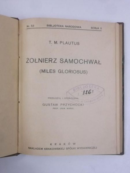 Plautus T. M. - Żołnierz samochwał, BN, 1929 r.