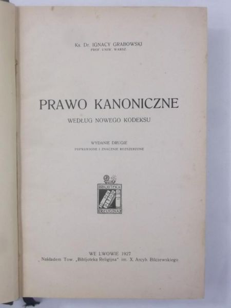 Prawo kanoniczne według nowego kodeksu, 1927 r.