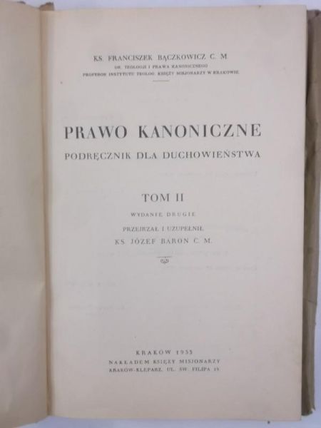 Prawo kanoniczne, Tom. II, 1933 r.