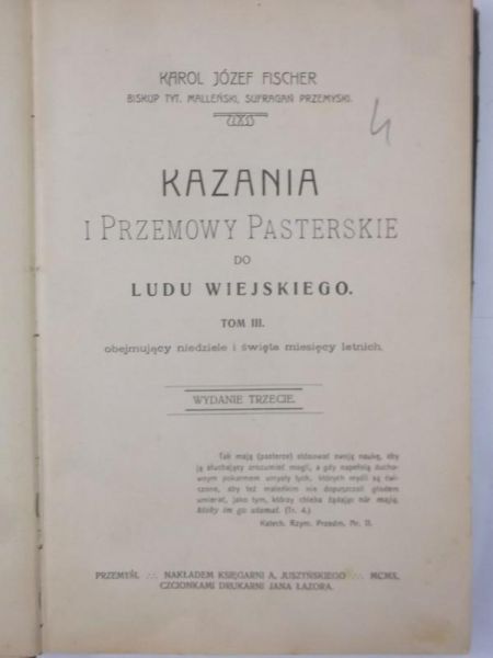 Fischer Karol Józef - Kazania i przemowy pasterskie do ludu wiejskiego, Tom III, 1903 r.