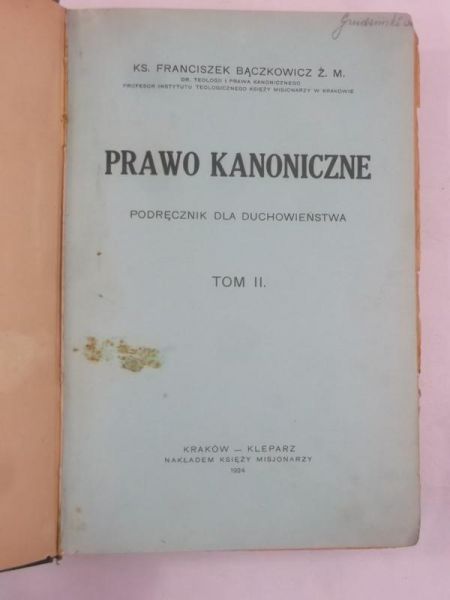 Prawo kanoniczne. Podręcznik dla duchowieństwa, Tom II, 1924 r.