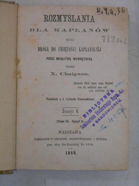 Rozmyślania dla kapłanów, 1869 r.