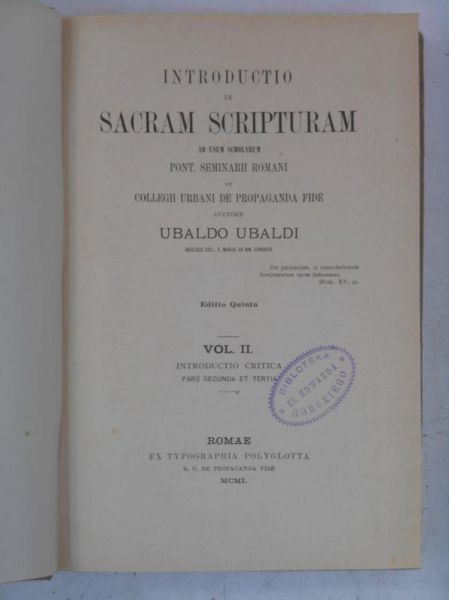 Introductio in Sacram Scripturam, Vol. II, 1901 r.