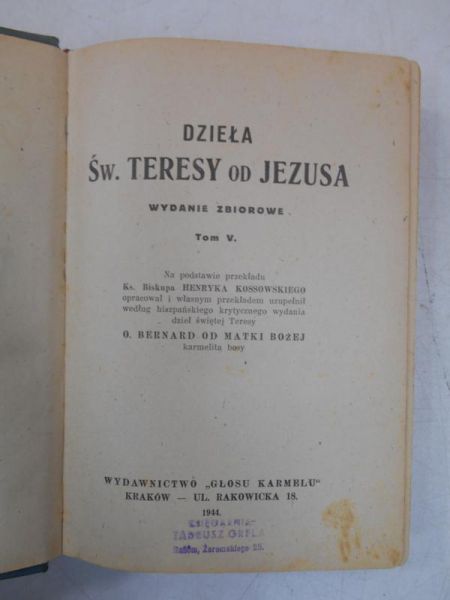 Kossowski Henryk (tł.) - Dzieła św. Teresy od Jezusa, Tom V, 1944 r.