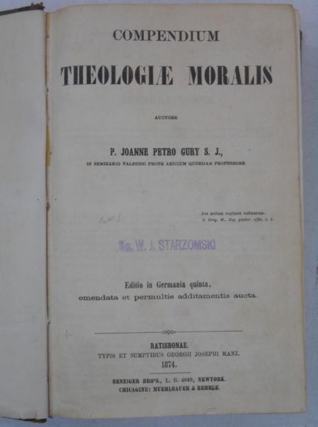 Compendium Theologiae Moralis, 1874 r.