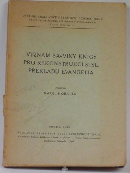 Vyznam savviny knigy pro rekonstrukci stsl. prekladu Evangelia, 1948