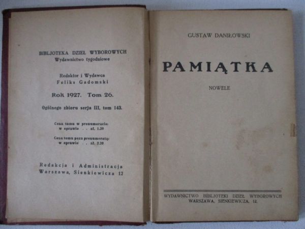 Daniłowski Gustaw - Pamiątka. Nowele, 1926 r