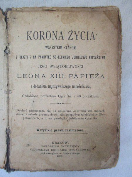 Korona życia, modlitewnik, 1889 r.