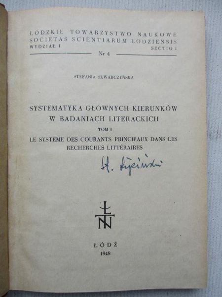 Systematyka głównych kierunków w badaniach literackich. Tom I, 1948 r.