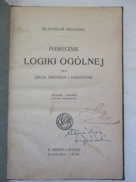 Biegański Władysław - Podręcznik logiki ogólnej, 1916 r.
