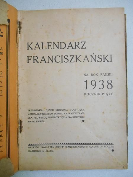 Kalendarz franciszkański na rok Pański 1938 r.