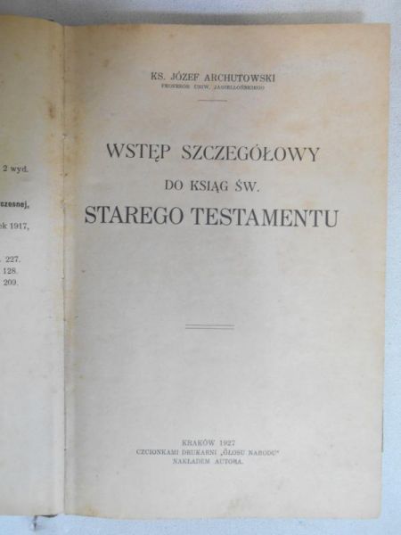 Wstęp szczegółowy do ksiąg św. Starego Testamentu, 1927 r.