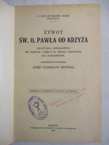 Żywot św. O. Pawła  krzyża, 1929