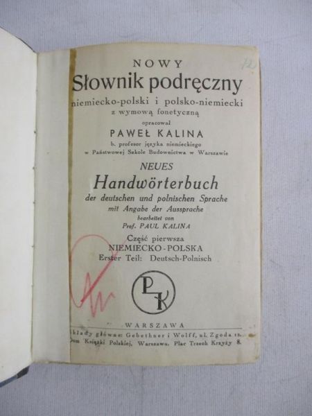 Nowy słownik podręczny niemiecko-polski i polsko-niemiecki, 1938 r.