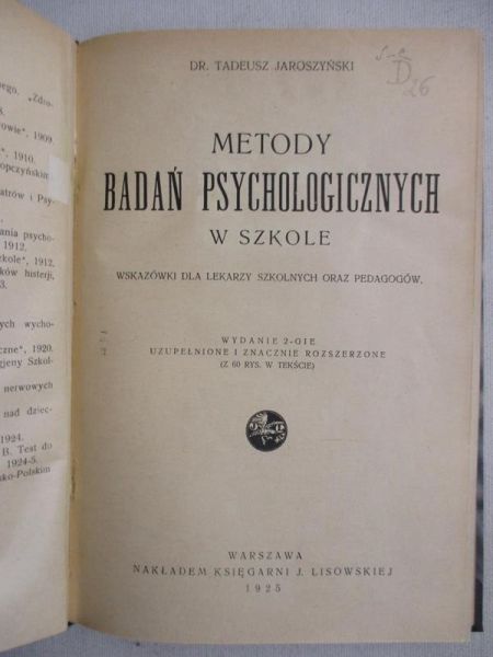 Metody badań psychologicznych w szkole, 1925 r.