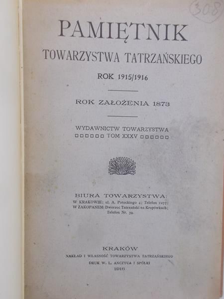 Pamiętniki Towarzystwa Tatrzańskiego, 1916r.