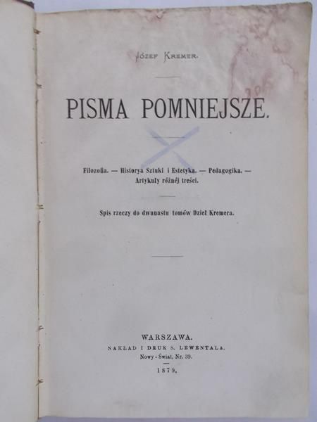 Kremer Józef - Pisma pomniejsze, 1879 r.