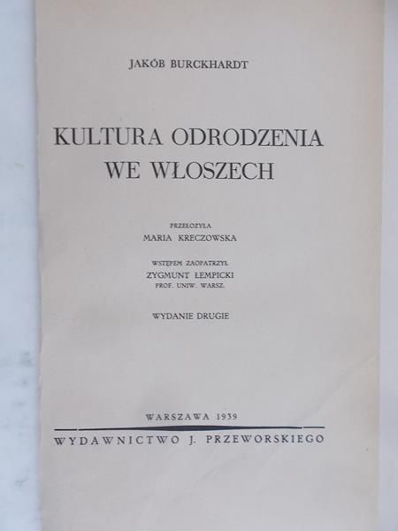Burckhardt Jakób - Kultura odrodzenia we Włoszech 1939 r.