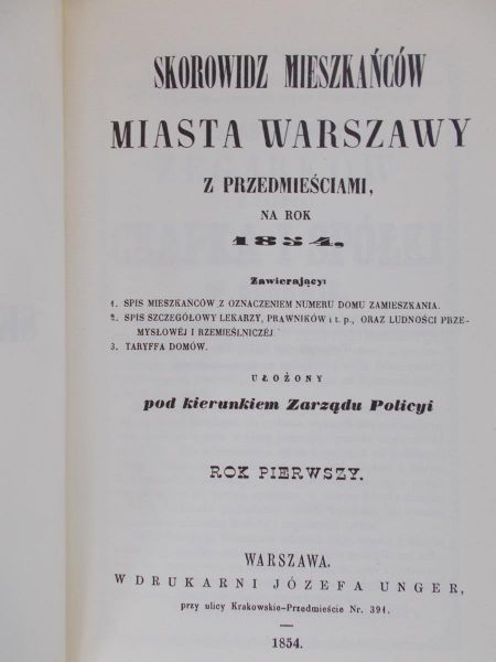 Skorowidz mieszkańców miasta Warszawy z przedmieściami na rok 1854, reprint z 1854 r.
