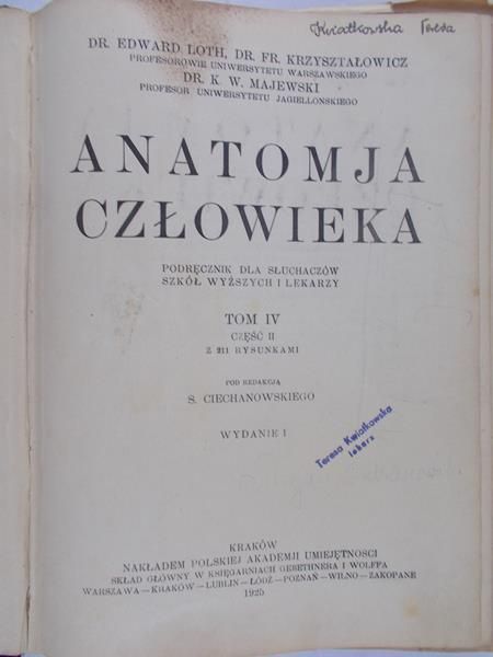 Loth Edward - Anatomja człowieka, Tom IV, 1925 r.
