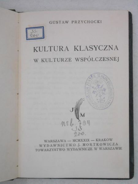 Przychocki Gustaw - Kultura klasyczna w kulturze współczesnej, 1929 r.