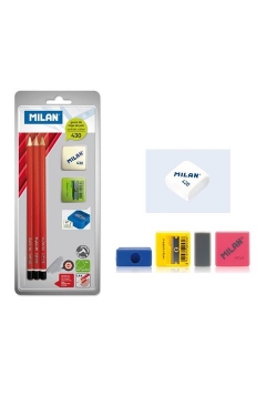 Ołówki HB MILAN 3 sztuki + gumka 430 + temperówka AFILA kwadratowa na blistrze