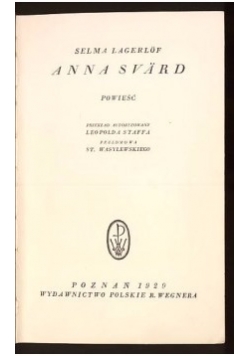 Anna Svard, Powieść, 1929 r.