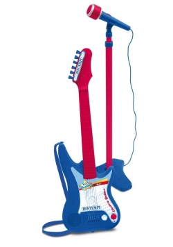 Gitara elektroniczna z amplitunerem i mikrofonem na statywie