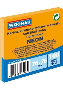 Karteczki samoprzylepne w bloczku neon pomarańczowy 100 kartek