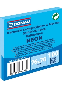 Karteczki samoprzylepne w bloczku 76x76mm 100 kartek neon niebieski