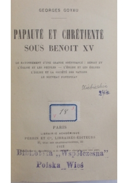 Papaute et chretiente sous benoit XV, 1922 r.