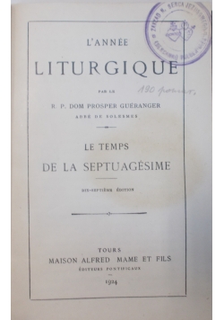 L'Annee Liturgique le de laseptuagesime, 1924 r.