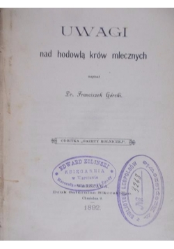Uwagi nad hodowlą krów mlecznych,1892 r.